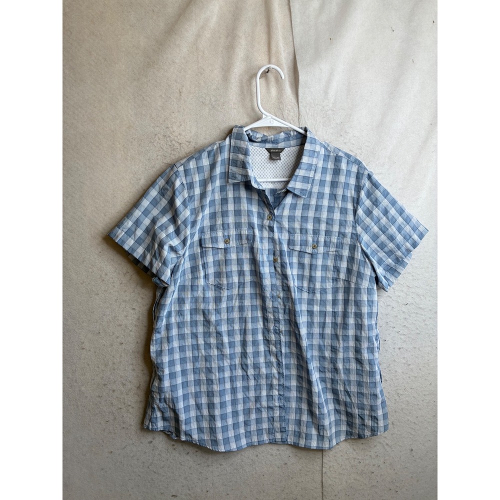 Eddie Bauer Womens XL Blue Gingham Plaid Short Sleeve Hiking Shirt D165843